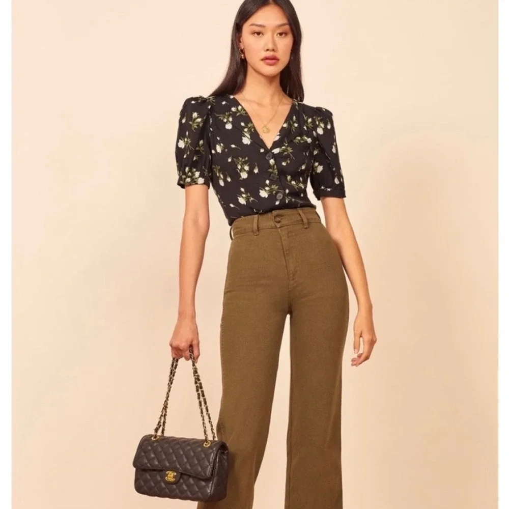 Reformation Monaco Top S Rosalee Black Floral Puff Sleeve Boho Office